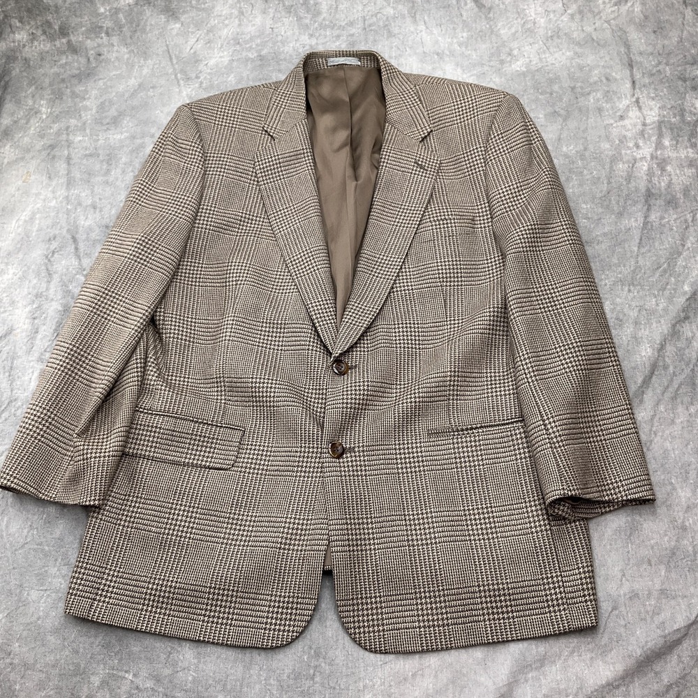 Botany 500 Blazer Men 44R Tan Beige Brown Houndstooth Windowpane Plaid Wool